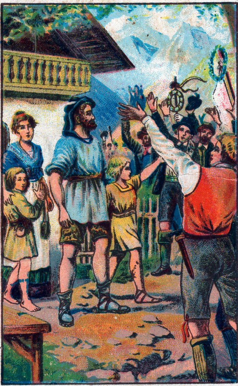 Confederen kunnianosoitus Guillaume Tellille (William Tell) (legendaariset Sveitsin itsenäisyyden sankarit) 1800-luvun lopun kromolitografia. tekijältä Unknown artist