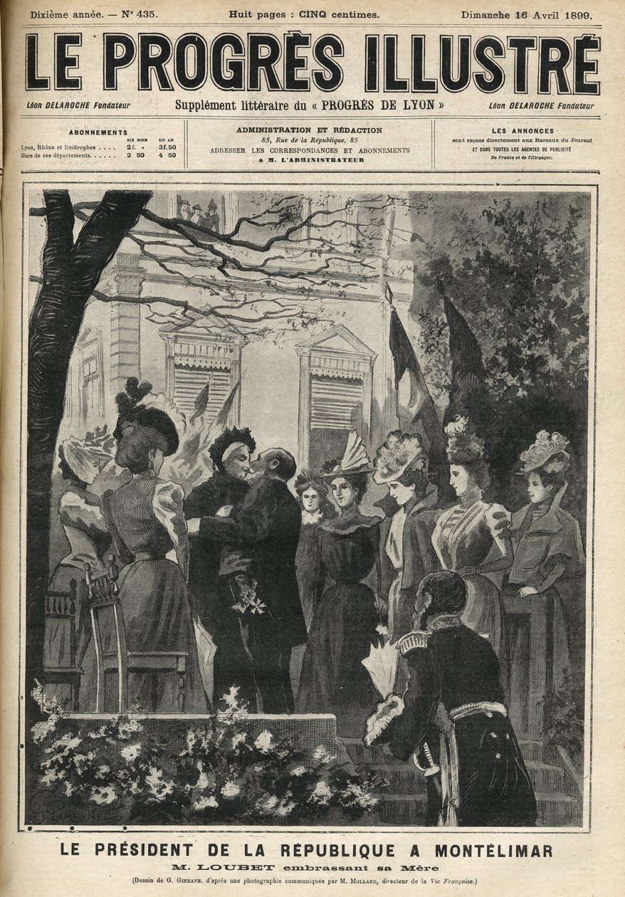 Tasavallan presidentin matka Montelimariin (Drome, Ranska): Emile Loubet (1838-1929) ja hänen äitinsä. Kaiverrus huhtikuussa 1899 ilmestyneeseen kirjaan "The illustrious progress". tekijältä Unknown artist