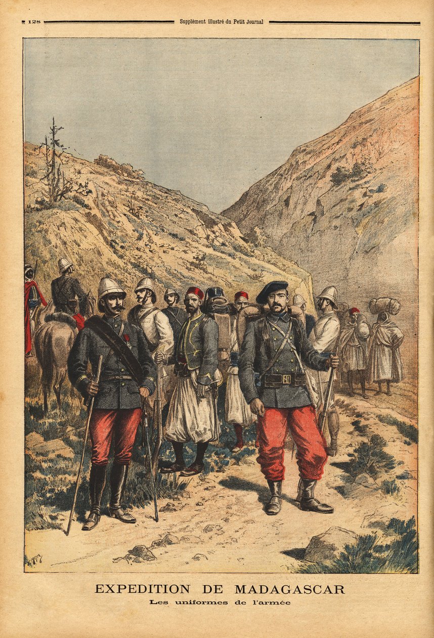 Armeijan univormut, kampanjaasu retkikuntaan Madagaskarilta. Kaiverrus "" Le petit Journal" -lehdessä 21.04.1895. Selvan kokoelma. tekijältä Unknown artist
