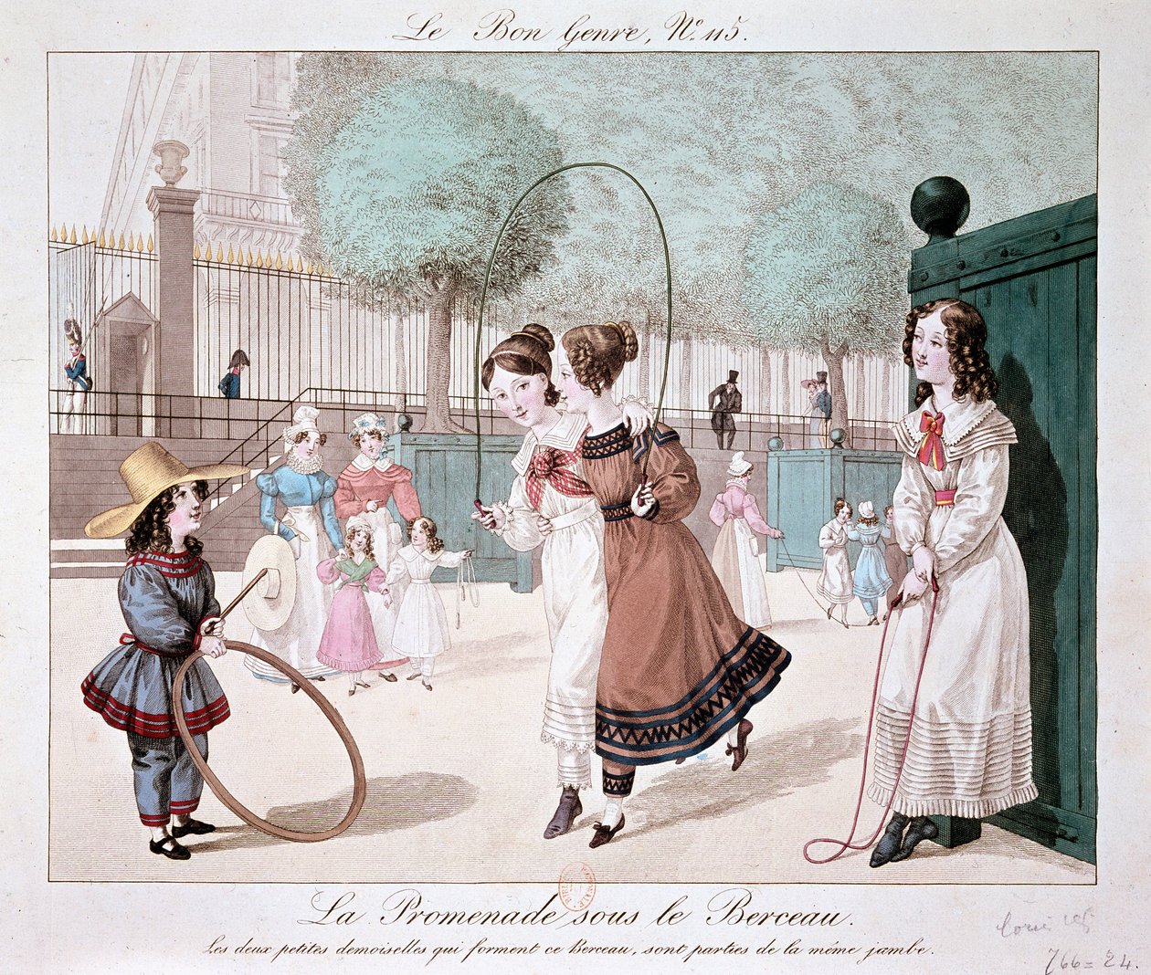 Kävely kehdon alla: Kaksi pientä naista, jotka muodostavat tämän kehdon, ovat samasta jalasta (Jardin des Tuileries), n. 1840 tekijältä Unknown artist