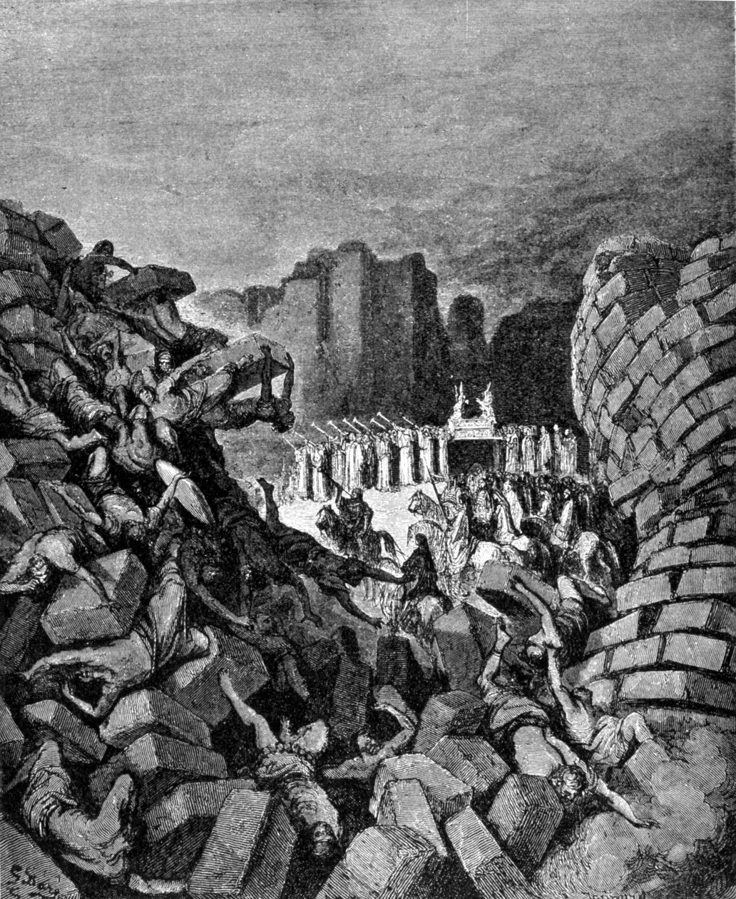 Jerikon muurit romahtivat Hoosean trumpettien soidessa, mikä antoi heprealaisten valloittaa ne. Joosuan kirja. Kaiverrus 1800-luvulta. tekijältä Unknown artist