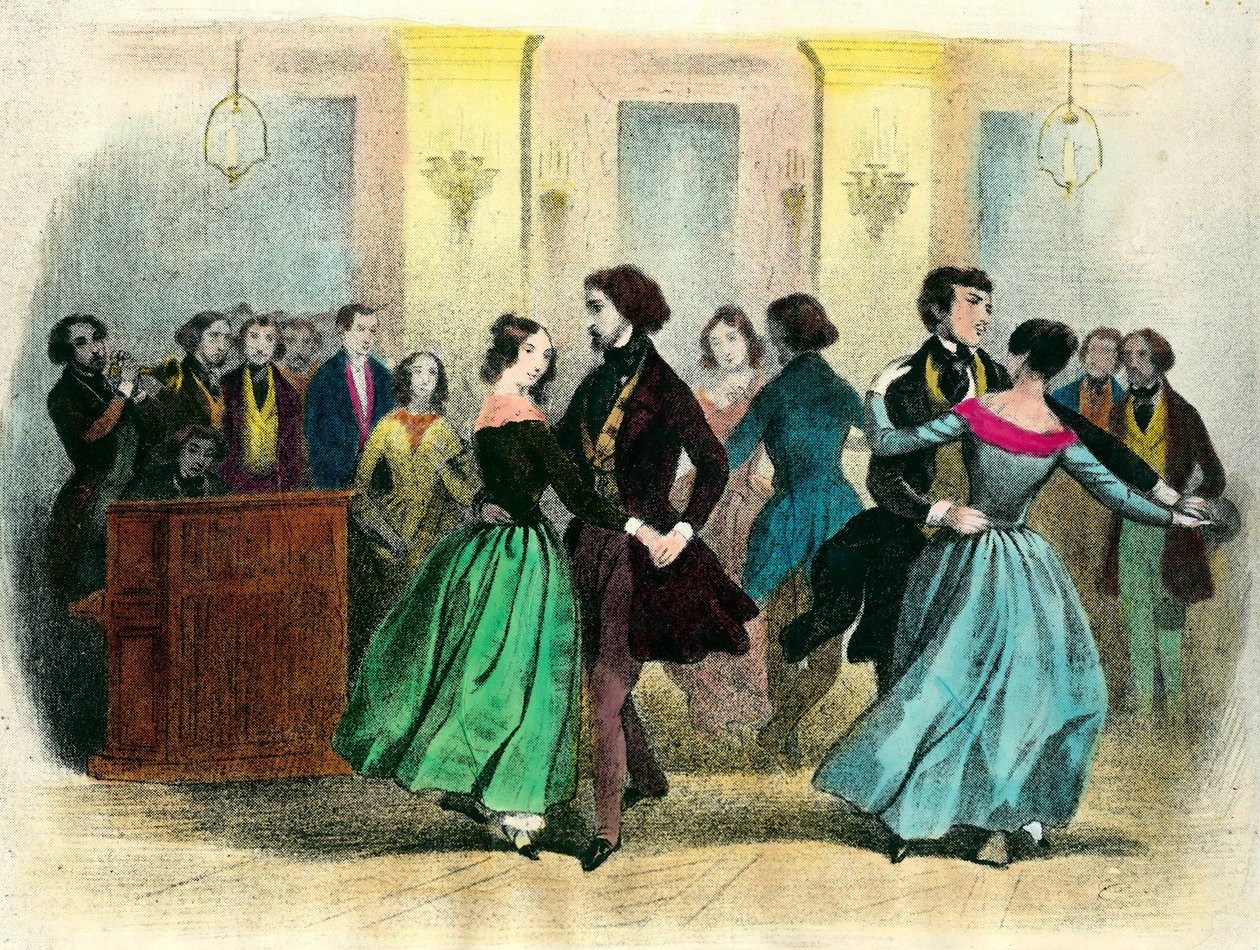 Valssi: keskiluokan pallo. 1800-luvun litografia. tekijältä Unknown artist