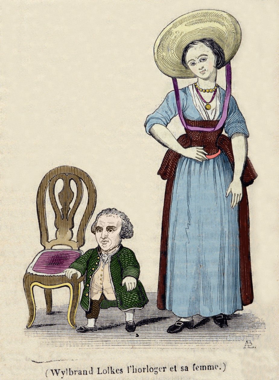 Kelloseppä Wylbrand Lolkes vaimonsa kanssa. 1800-luvun kaiverrus. tekijältä Unknown artist