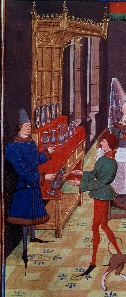 Gasconyn kuninkaan Yvonin tyttären Clarissen ja viiniä tuovia palvelijoita edustavan Renaud Detailin hääjuhla. Miniatyyri Loyset Liedetin käsikirjoituksesta "Renaud de Montauban" tai "Les quatre fils Aymon" (toimii vuosina 1448-1478). Neiti. tekijältä Unknown artist