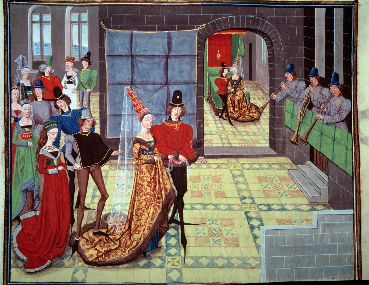 Renaudin ja Clarissen häät taustalla hääyönä. Miniatyyri Loyset Liedetin käsikirjoituksesta "Renaud de Montauban" tai "Les quatre fils Aymon" (toimii vuosina 1448-1478). Ms. 5073. 1400-luvun Bibliotheque de l