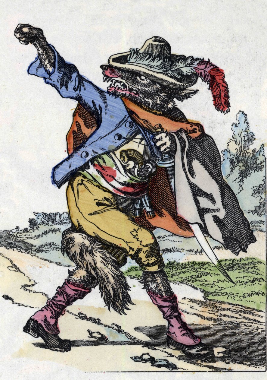 Susi. Kuva tarinasta "Compere le Loup, Maitre Renard, Comere la Chevre et ses petits biquets" Jean de la Fontainen tarun mukaan. "" Tarinoita kodista pienimmille"". Anonyymi kaiverrus 1800-luvulta. tekijältä Unknown artist