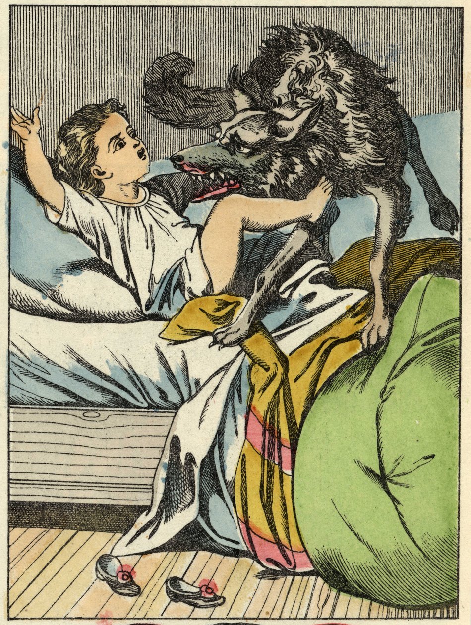 Susi voittaa Punahilkan. Kuvitus Charles Perraultin tarinasta "Punahilkka". tekijältä Unknown artist
