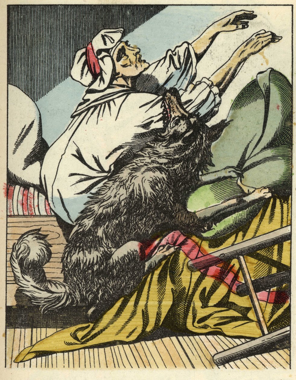 Susi voittaa Punahilkan isoäidin. Kuvitus Charles Perraultin tarinasta "Punahilkka". tekijältä Unknown artist