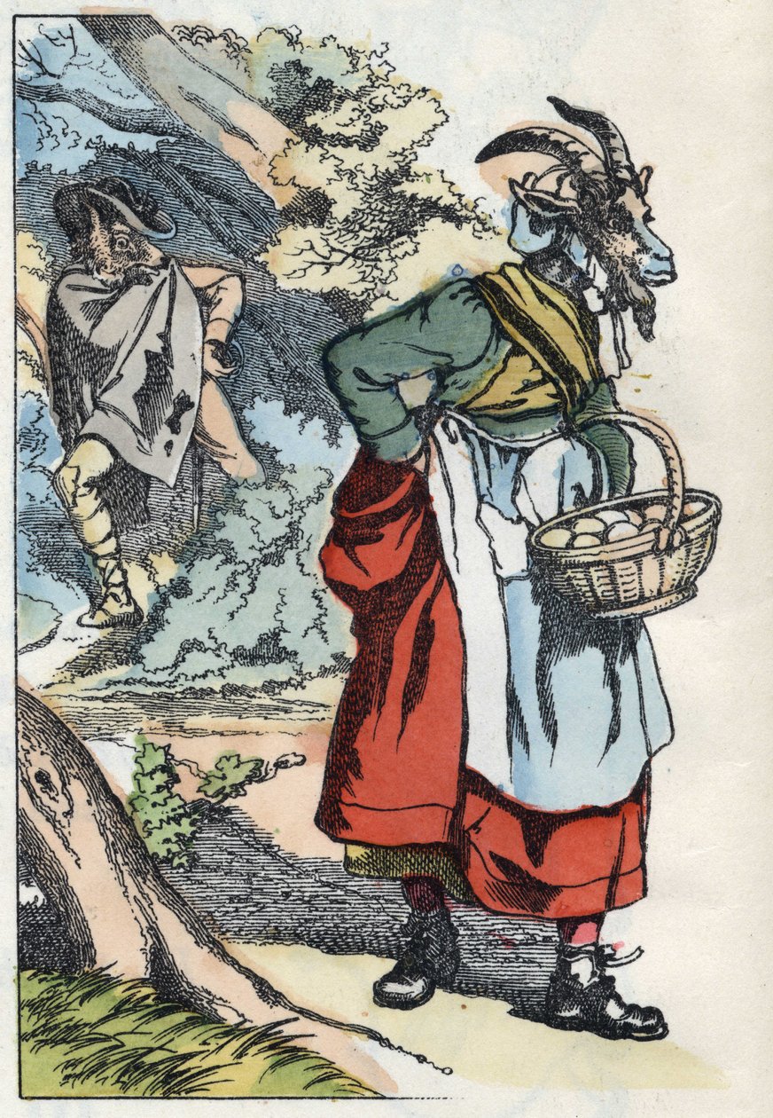Susi etsii kotoa lähtevää vuohia. Kuva tarinasta "Compere le Loup, Maitre Renard, Comere la Chevre et ses petits biquets" Jean de la Fontainen tarun mukaan. "" Tarinoita kodista pienimmille"". Anonyymi kaiverrus tekijältä Unknown artist