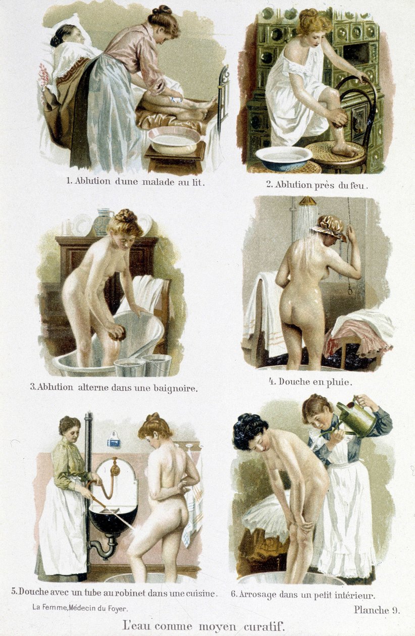 Nainen, kotilääkäri: vesi hoitokeinona. 1.Sairaan ihmisen sängyssä laitto, 2.palohoito, 3.vesihoito vuorotellen kylpyammeessa, 4.sadesuihku, 5.suihku keittiön hanaputkella, 6.kastelu pienessä sisätiloissa Nainen, kotilääkäri"" tekijältä Unknown artist