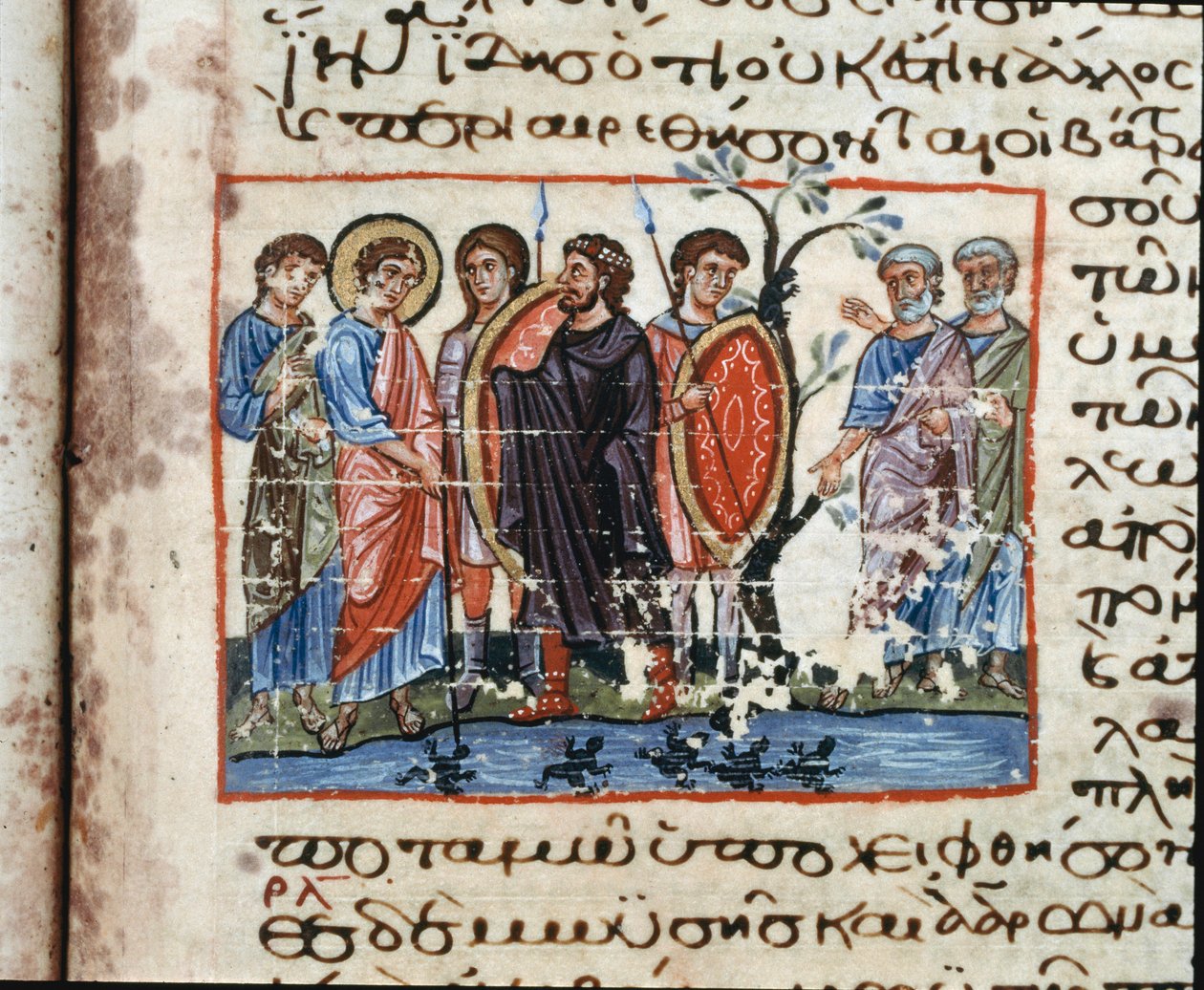 Egyptin haavat: Sammakoiden hyökkäys Miniatyyri "" Codex of the Octateuch of Serail"" (ms.8 tai Seraglio Octateuch) 1100-luvun Topkapi Sarayi -museon kirjasto Istanbulin kirjasto tekijältä Unknown artist