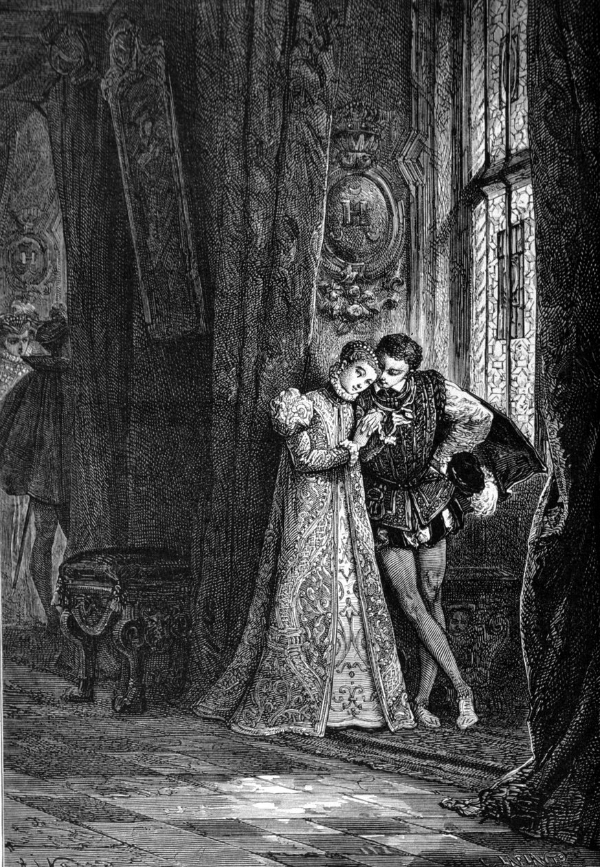 Nuoret kihlatut Marie Iere Stuart (1542 - 1587) ja Francois II (1544 - 1560) pitivät syrjään luottamuksensa vuoksi. Kaiverrus 1800-luvulta. tekijältä Unknown artist