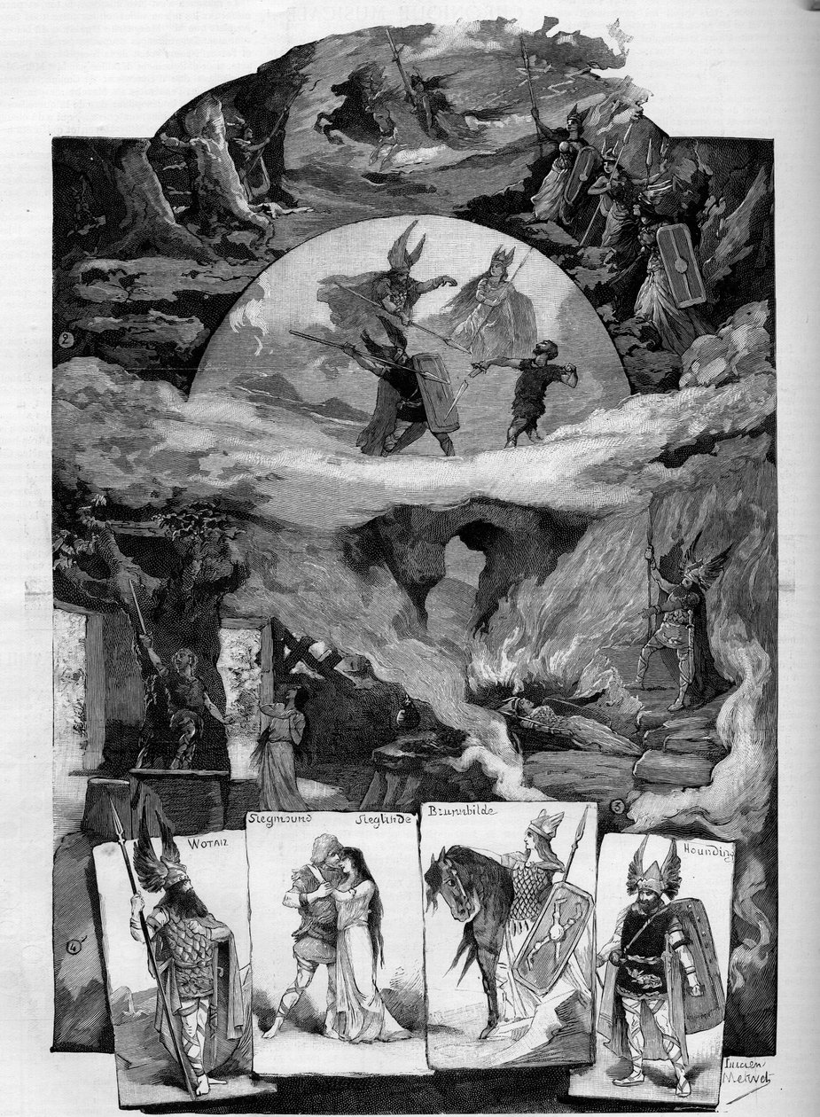 Teatteriteos "" Die Walkure"" (Valkyrie), Richard Wagnerin (1813-1883) draama edustaa Brysselin Théâtre de la Monnaiessa. Kaiverrus ""Mahtava maailma"" tekijältä Unknown artist