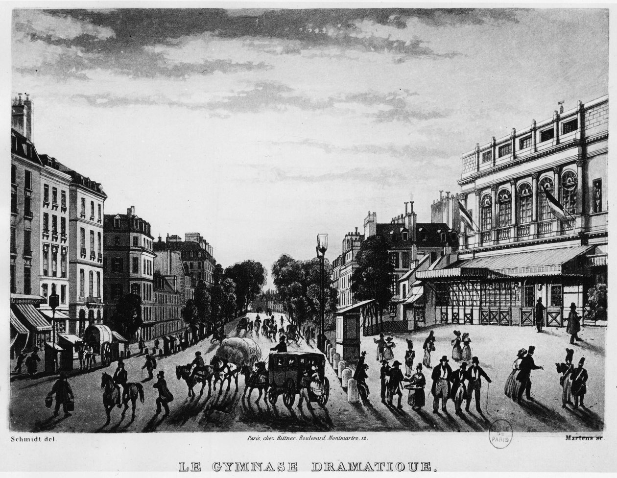 Teatteri: Boulevard Bonne Nouvellen dramaattinen gymnasium - kaiverrus tekijältä Unknown artist