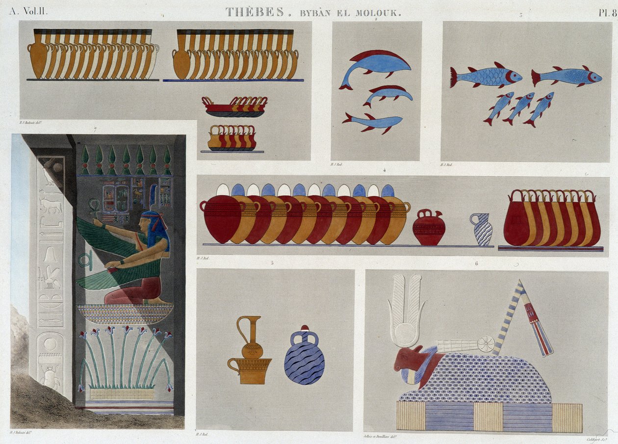 Thebes: Bybân el Molouk. pl 87: Maalauksia 5. kuninkaiden haudasta idässä, 7. bareljefi saman haudan sisäänkäynnistä "" Egyptian Antiquites" -kirjassa", sd. 1800-luvulla tekijältä Unknown artist