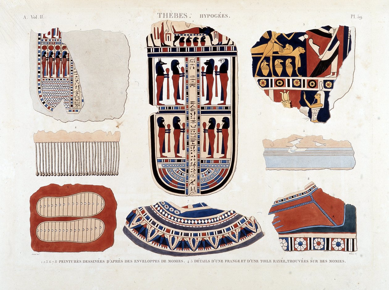 Thebes, Hypogees: 1.2.3.6.7.8. maalauksia muumio-kuorista 4.5. Yksityiskohdat hapsusta ja raidallisesta kankaasta, löydetty muumioista - julkaisussa "" Kuvaus Egyptistä"" 1809, Antiquite vol 2 pl 112 tekijältä Unknown artist