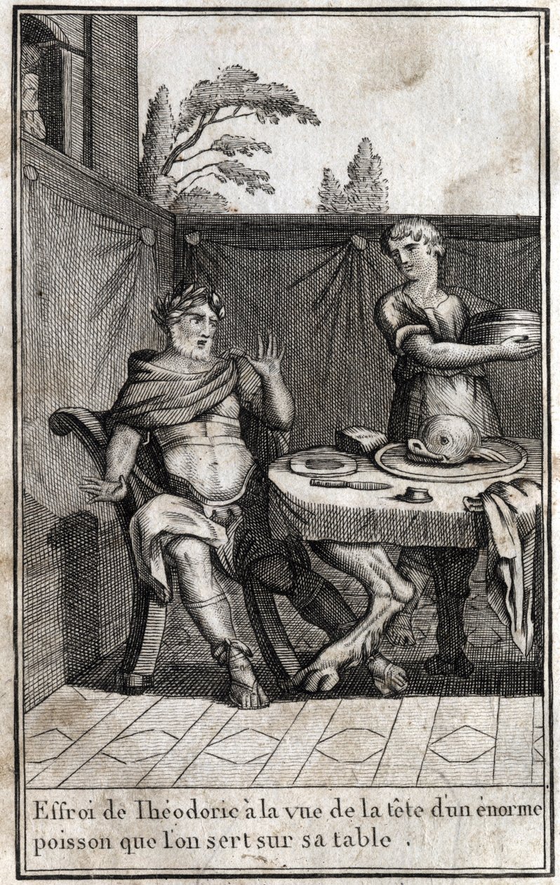 Theodorik Suuri (n. 454/455-526), goottien kuningas, pelästyy nähdessään valtavan kalan pään, joka palvelee hänen pöydällään. Kaiverrus "Beaute de l