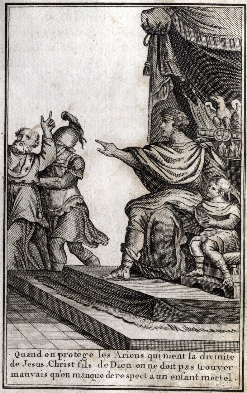 Theodosius I (Flavius Theodosius) (347-395), Rooman keisari, pidätti Amphiloquen, Iconen evequen, koska hän oli epäkunnioittanut poikaansa Arkadiosta (377-408). Eveque julistaa: "Kun suojelemme arialaisia, jotka kieltävät Jeesuksen Kristuksen, Jumalan Poja tekijältä Unknown artist
