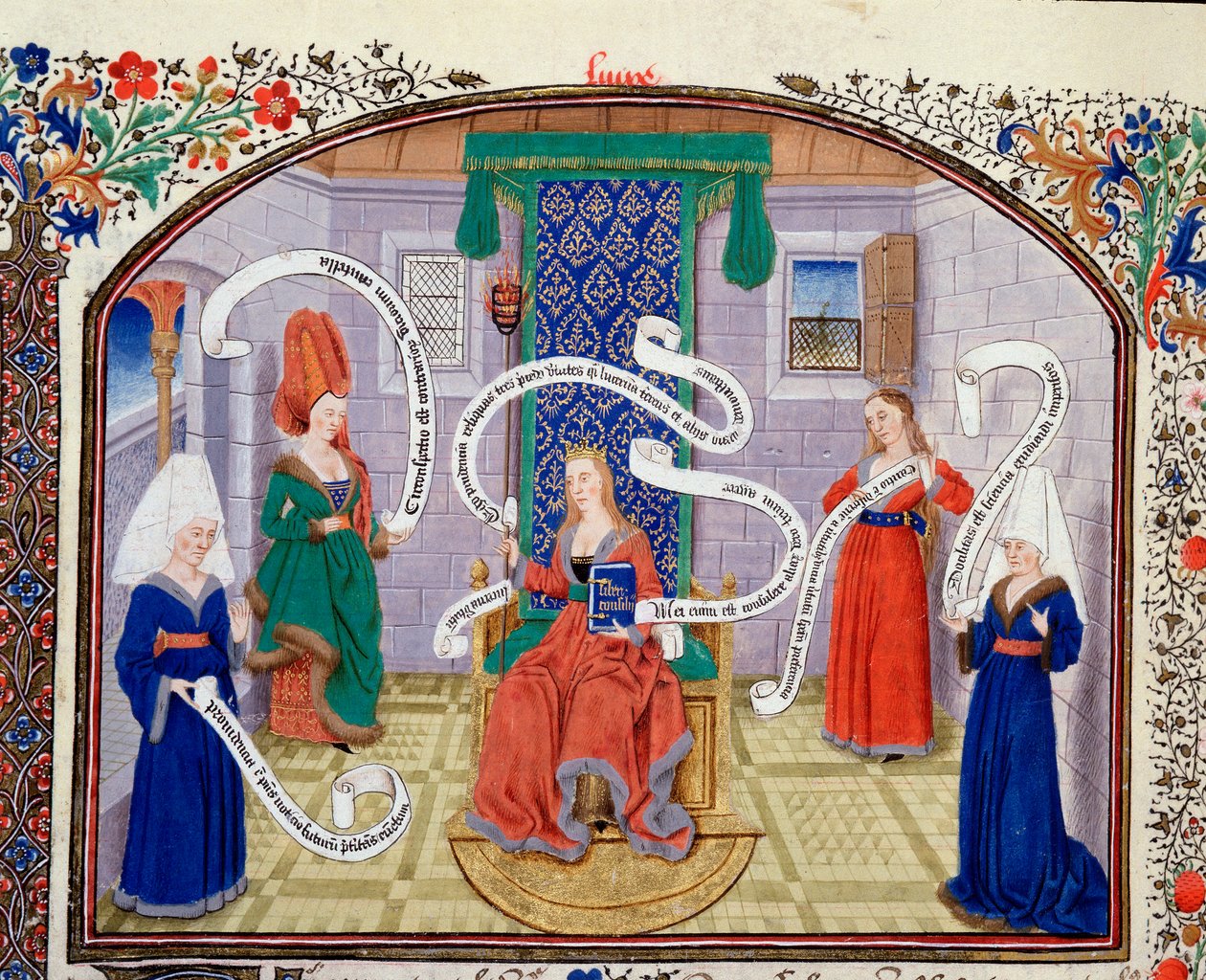 Teoria älyllisistä hyveistä. Sanoitukset on kirjoitettu phylacteres. Miniatyyri käsikirjoituksesta (Ms 927 Fol.93v) "" Kommentti poliittisesta ja taloudellisesta etiikasta"" kreikkalaisen filosofin Aristoteleen (383-322 eKr.) kääntäjä Nicolas Oresme (1325- tekijältä Unknown artist