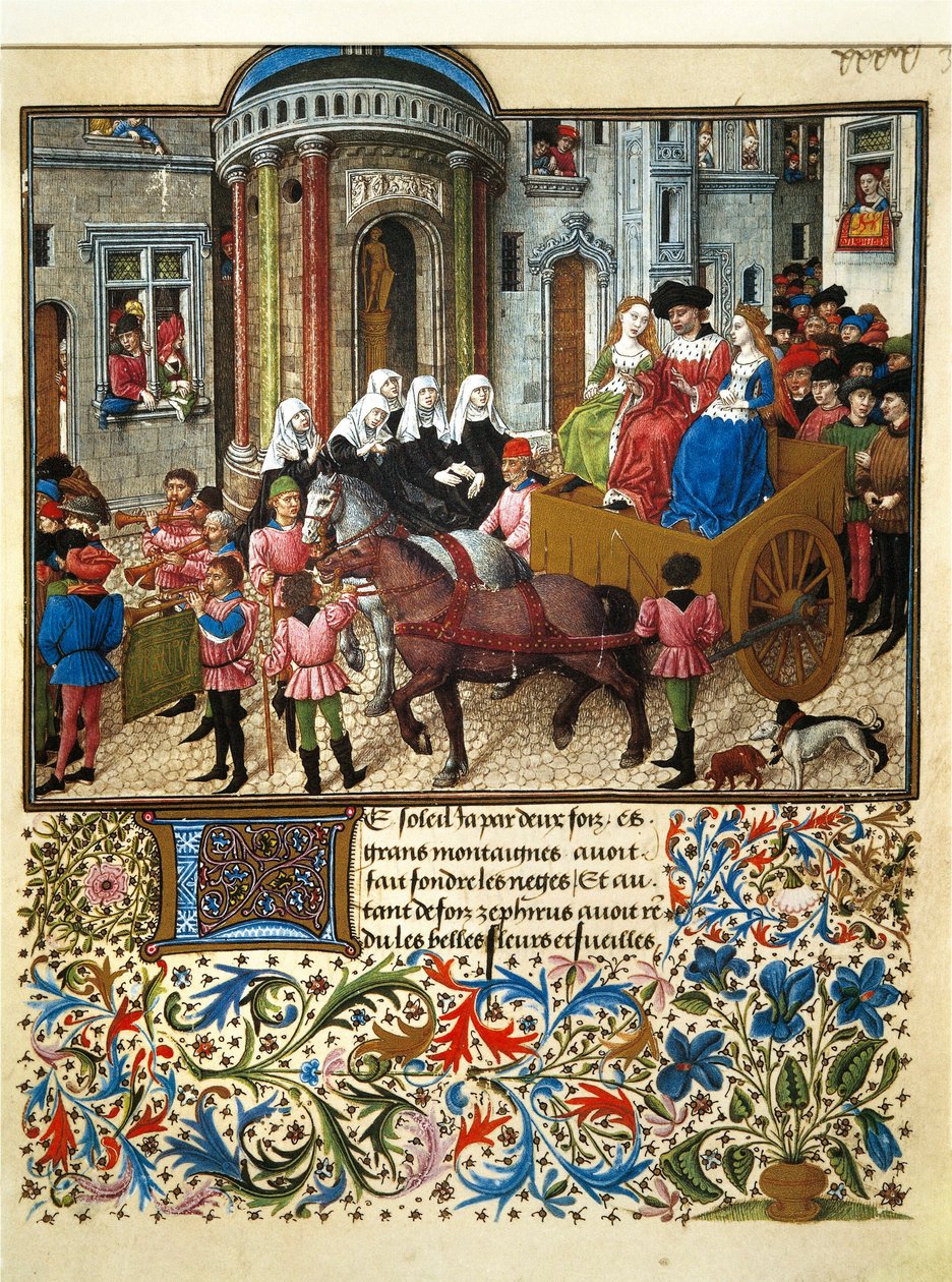 Tämä on Athenes-miniatyyri Giovanni Boccaccion (Boccacen) (1313-1375) ranskalaisesta käsikirjoituksesta "Teseida Emilian häistä" tekijältä Unknown artist