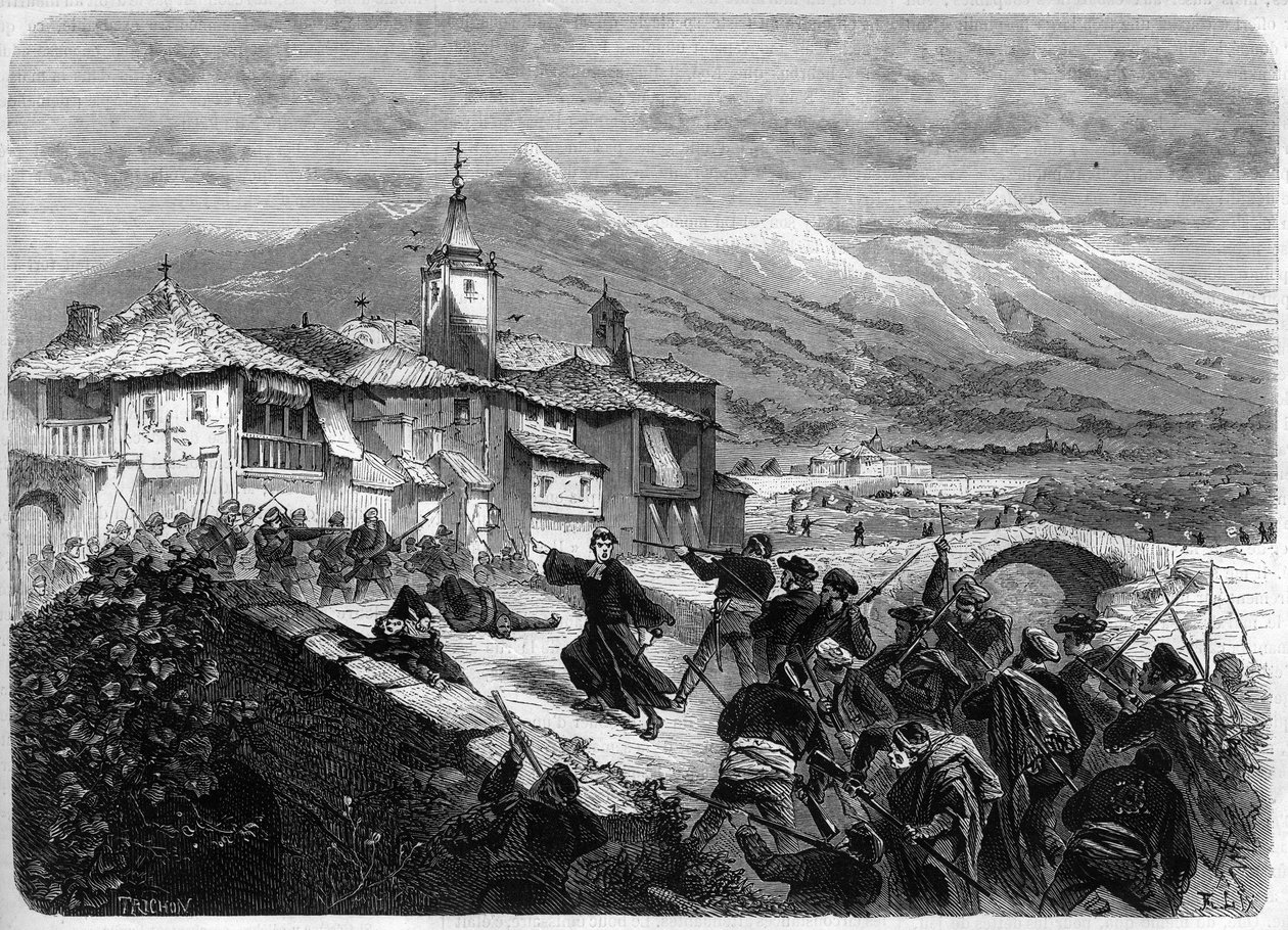 Kolmas karlisti sota (1872-1876): Taistelu hallituksen joukkojen ja karlistijoukon välillä Navarrassa, Espanjassa. Kaiverrus "" L