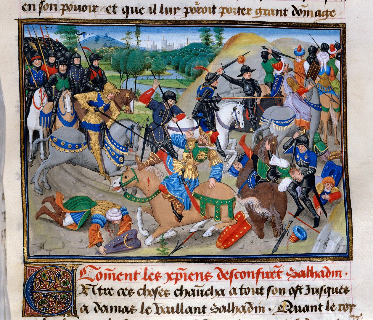 Kolmas ristiretki: "Kuinka kristityt vahvistavat Saladinin"" Saladin (1138-1193) (Salah al Din Yusuf al-Ayyubi (al Ayyubi) voitettiin ristiretkellä noin vuoden 1191 tienoilla. Pienoiskuva David Aubertin "" Chronicle abregee -kirjasta" tekijältä Unknown artist