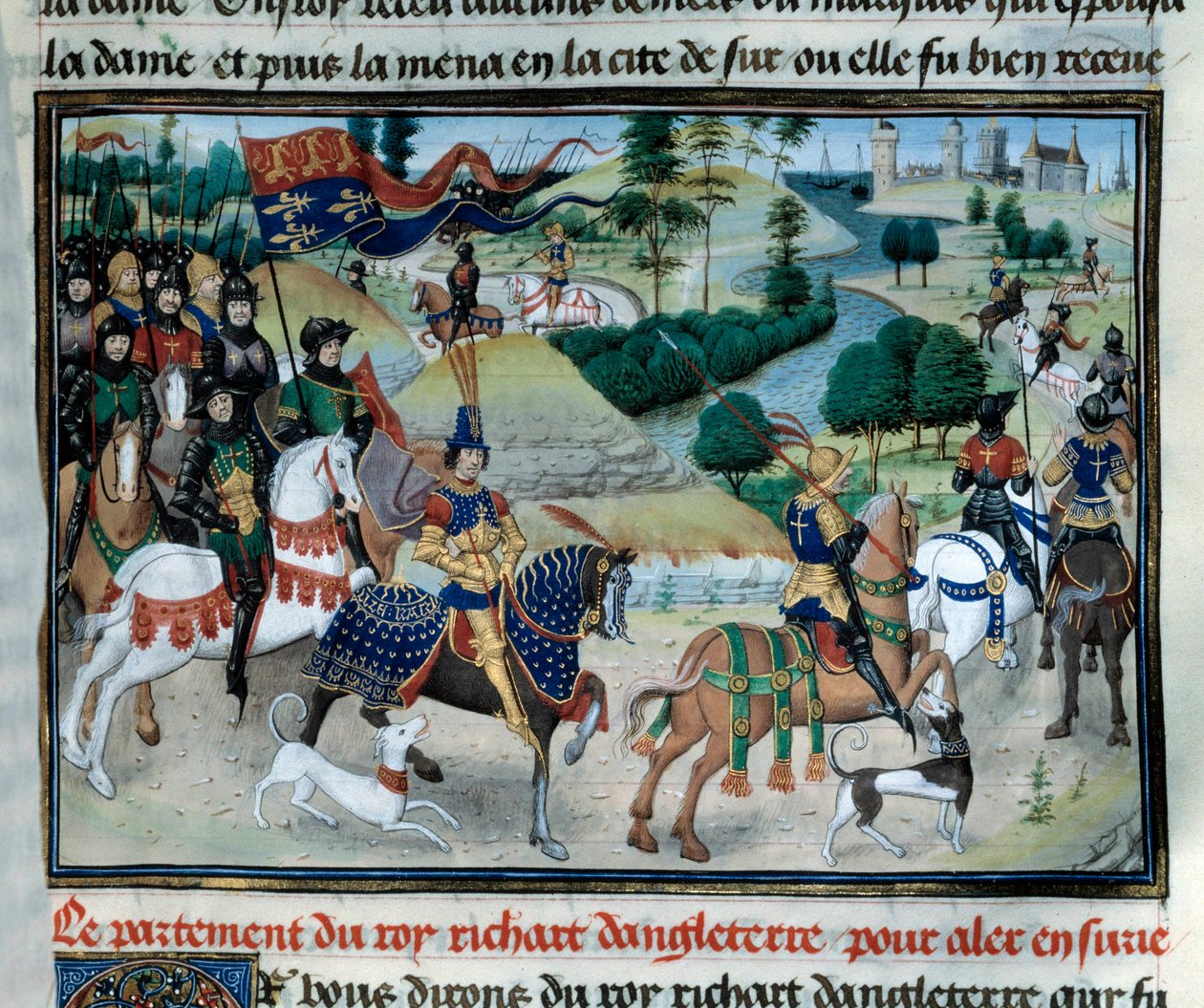 Kolmas ristiretki: Richard Lion Heart (tai Englannin Richard I (1157-1199) purjehti kesäkuussa 1191 Pyhälle maalle Kyproksen lähdön yhteydessä, Loyset Liedet (1420-1479) 1400-luvun "Keisarien kronikat" -kokoelmasta. Pariisi, Arsenaalin kirjasto tekijältä Unknown artist
