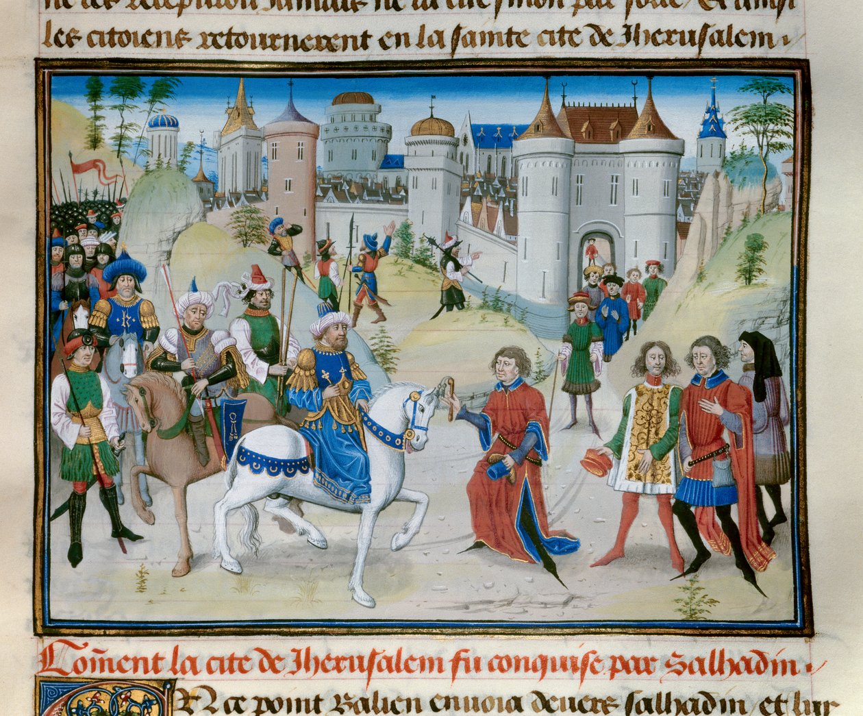 Kolmas ristiretki: Sulttaani Saladinin (1138-1193) vangitseminen Jerusalemin. Pienoiskuva David Aubertin "" Chronicle abregee -kirjasta" tekijältä Unknown artist