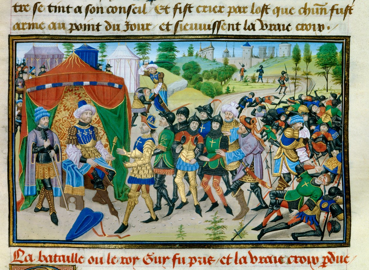 Kolmas ristiretki: Todellisen ristin menetys Hattinin taistelussa 4. heinäkuuta 1187, miniatyyri David Aubertin "" Chronicle abregee -kirjasta", noin 1450 tekijältä Unknown artist