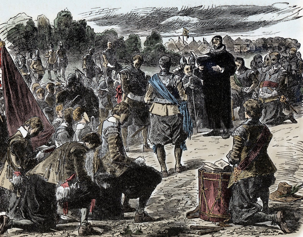 Kolmikymmenvuotinen sota: ruotsalaiset rukoilemassa ennen Luetzenin taistelua - Kolmikymmenvuotinen sota (1618-1648): Ruotsin kuningas Kustaa II Adolphe (1594-1632) ja hänen joukkonsa kokoontuvat uskonnolliseen juhlaan ennen Lutzenin taistelua (1632) tekijältä Unknown artist