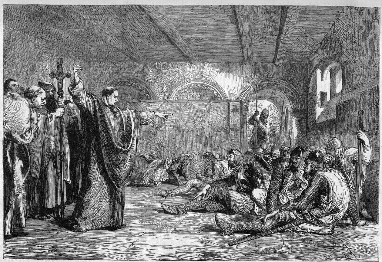 Thomas Becket kuoli 29. joulukuuta 1170: Cantorberyn arkkipiispa Saint Thomas of Canterbury (1117-1170) tapasi huoneistoissaan salamurhaajat, ritarit William of Tracy, Richard Breton, Reginald Fitzurse, Hugues of Morville (kuningas H:n kannattajat) tekijältä Unknown artist