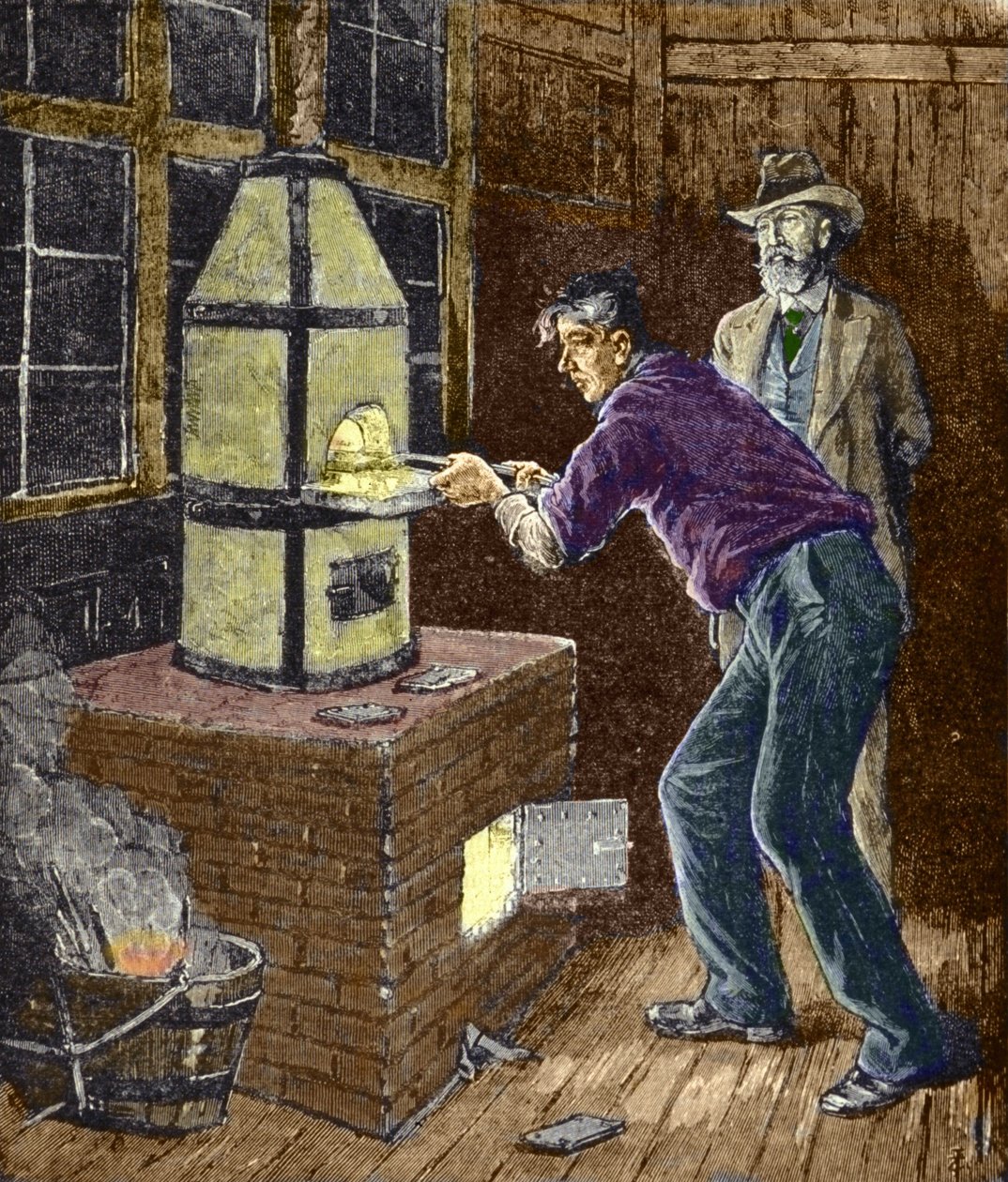 Thomas Edison kokeilee vuoden 1879 tienoilla hiilipaperia hehkulamppua varten. tekijältä Unknown artist