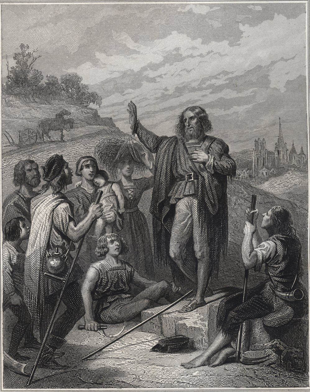 Thomas Muntzer saarnaa - Thomas Muntzer (Munzer) (1489-1525) opettaa oppiaan - Kaiverrus teokseen "Les Fastes Populaires, ou Histoire des sankariteot du peuple et de son vaikuttaa tieteeseen, taiteeseen, teollisuuteen ja maatalouteen kirjoittanut Alphonse  tekijältä Unknown artist