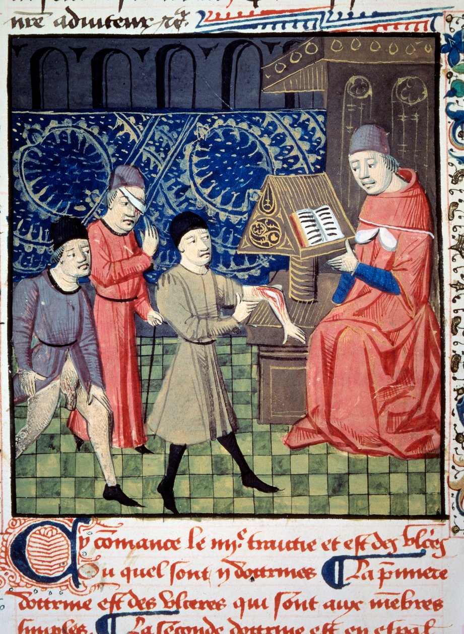 Kolme potilasta, joilla on haavaumat käsivarressa, silmässä ja seksissä lääkärin edessä. Miniatyyri Guy de Chauliacin (1290? 1368) kirjoittamasta "" Surgerysta" (Folio 66). 1500-luvun käsikirjoitus. BN, Pariisi tekijältä Unknown artist