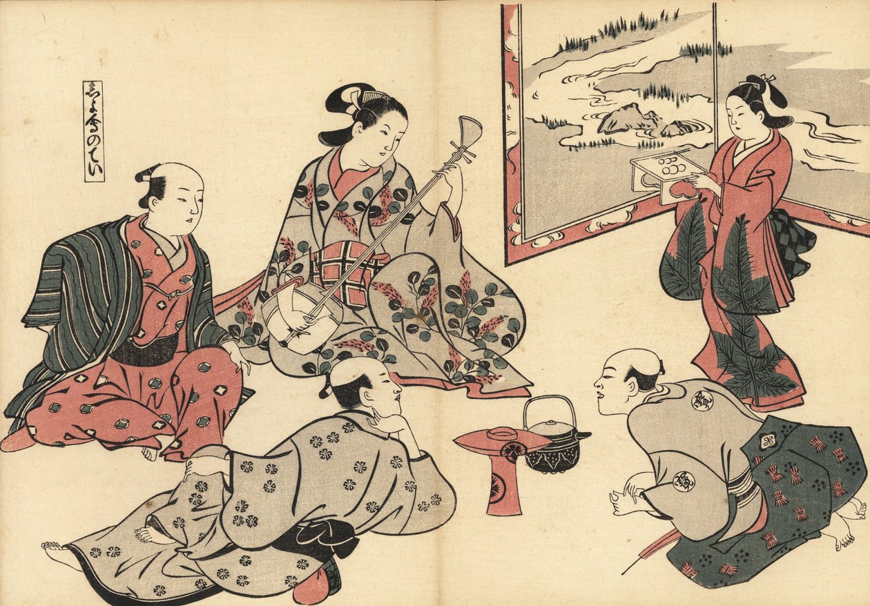 Kolme samuraita kuuntelee kurtisaanin soittavan shamisenia, kun kamuro tuo ruokaa tarjottimella. Masanobu Okumuran (1686-1764) puupalikkaprintti Fuzoku Emakimonosta, kuvakäärö Water Tradesta, Tokio, uusintapainos noin 1880. tekijältä Unknown artist