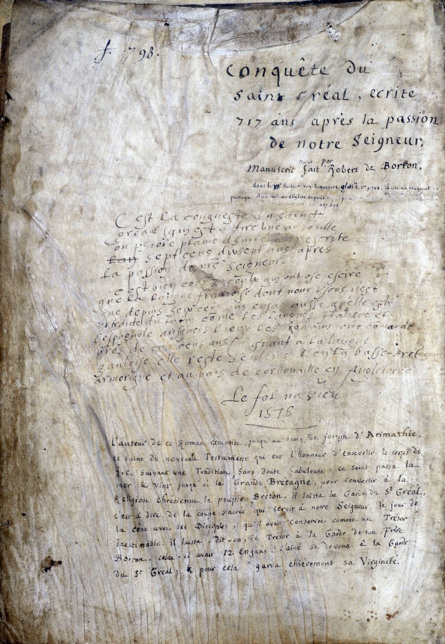 Käsikirjoituksen otsikkosivu: Saint Gréalin valloitus, kirjoitettu 717 vuotta herramme intohimosta. Bibliotheque Municipale de Rennes, ms. 255 (Pyöreän pöydän romaanien kokoelma); Pariisi tekijältä Unknown artist