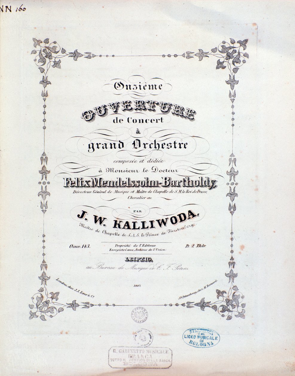 Kalliwodan alkusoiton nro 11 partituurin nimisivu tekijältä Unknown artist