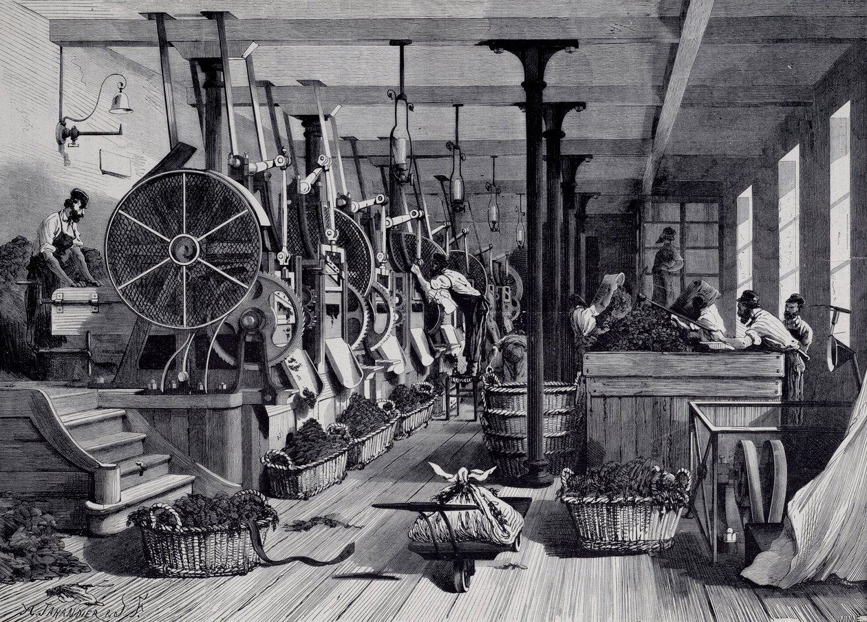 Tupakkatehdas, pesutupa ja tupakkarappaus. Kaiverrus noin 1867. Paris, Musee Carnavalet tekijältä Unknown artist