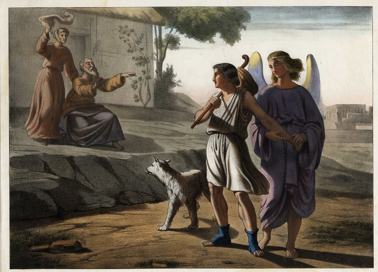 Tobie lähtee enkelin mukana (hänen vanhemmat tervehtivät häntä, mukaan lukien Tobit, hänen isänsä). Anonyymi kaiverrus 1800-luvun puolivälistä. tekijältä Unknown artist