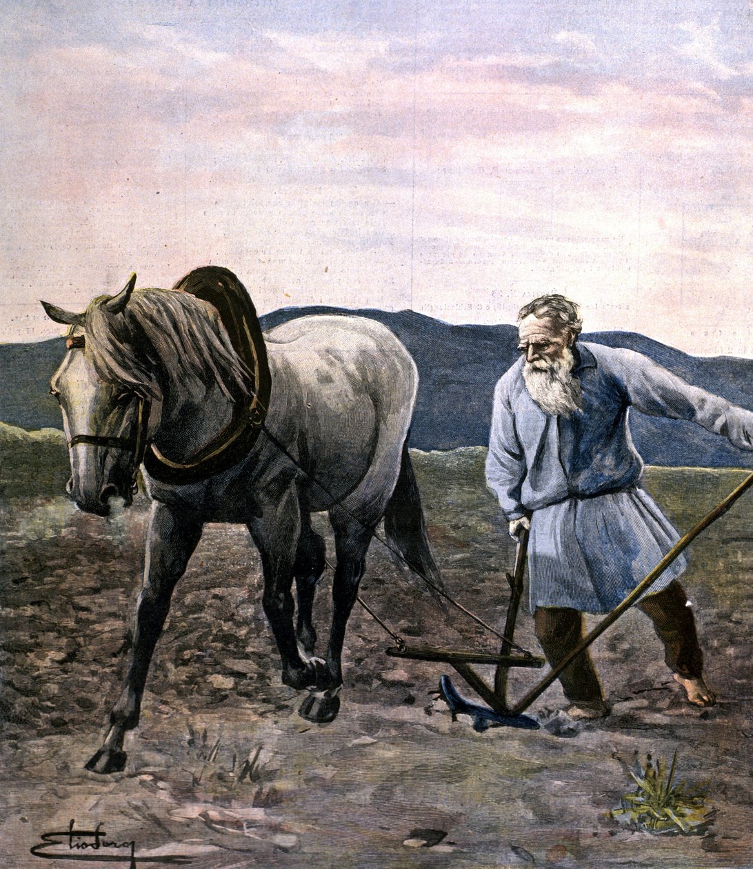 Tolstoi kyntämässä. Kaiverrus 1800-luvun lopulla. tekijältä Unknown artist