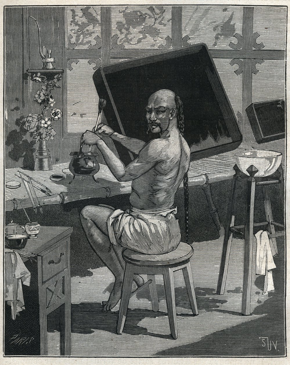 Tong-öljyn puute Kiinassa. Kaiverrus vuodelta 1885 kirjassa "Les arts et metiers illustres", kirjoittanut Adolphe BITARD. tekijältä Unknown artist