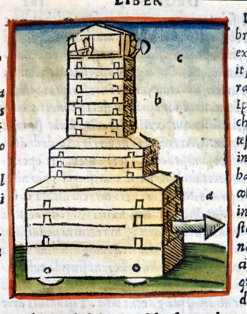 Kilpikonna, tankki - Vitruvan "" De architectura" -kirjassa vuodelta 1630 tekijältä Unknown artist