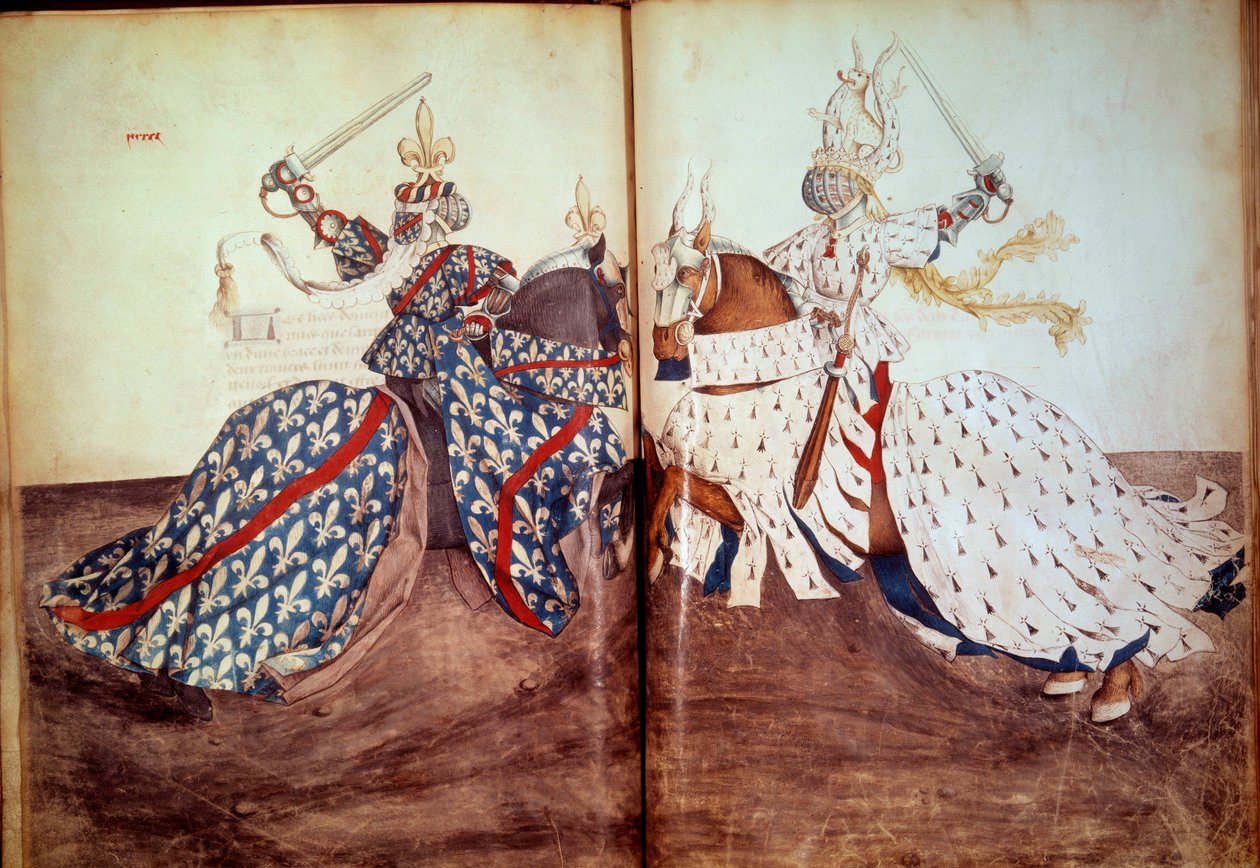 Turnaus: Peli kutsuvasta lordista ja vastaajasta (Bretagnen herttua ja Bourbonin herttua kasvot). Käsikirjoitus "" Kirja turnauksista"" (Folio 32v - folio33), kirjoittanut Rene d