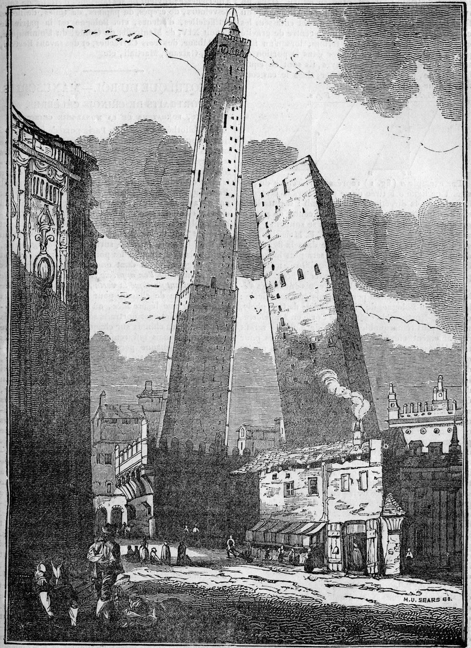 Bolognan tornit - Asinelli-torni ja pienempi Garisenda-torni - kaiverrus 1800-luku tekijältä Unknown artist