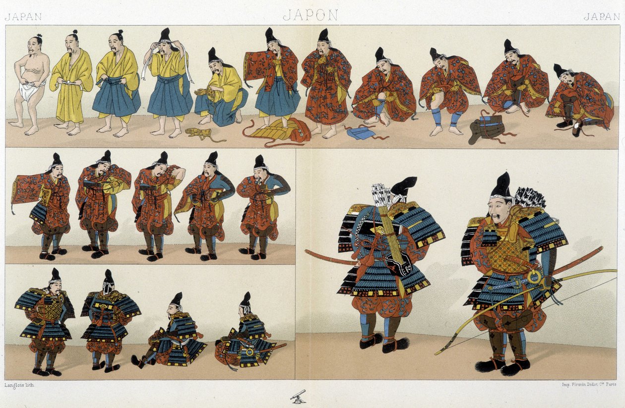 Perinteiset japanilaiset samuraivaatteet - Racinetin "" Historiallisessa puvussa"" tekijältä Unknown artist
