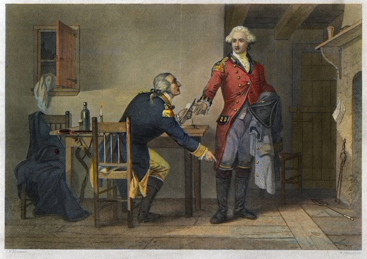 Trahison of Arnold - Vapaussota tai Amerikan vallankumous (1775-1783) - Benedict Arnold (1741-1801) onnistui saamaan majuri John Andren (1750-1780) salaamaan West Pointin suunnitelmat saappaisiinsa kokouksessaan 21. syyskuuta 1780. tekijältä Unknown artist