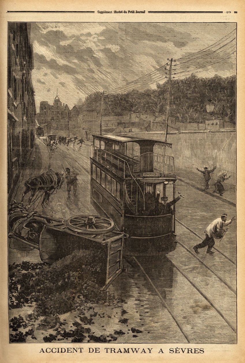 Raitiovaunuonnettomuus Sevresissä, aineellisia vahinkoja, mutta ei henkilövahinkoja. Kaiverrus "" Le petit Journal" -lehdessä 24/01/1897. Selva Collection. tekijältä Unknown artist