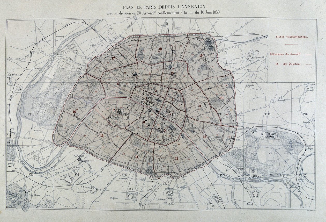 Pariisin muodonmuutokset toisen imperiumin aikana, Haussmann Paris. Pariisin suunnitelma liittämisestä lähtien ja se jaettiin 20 kaupunginosaan 16. kesäkuuta 1859 annetun lain mukaisesti - "Atlas administratifs des arrondissements de la Ville de Paris" tekijältä Unknown artist