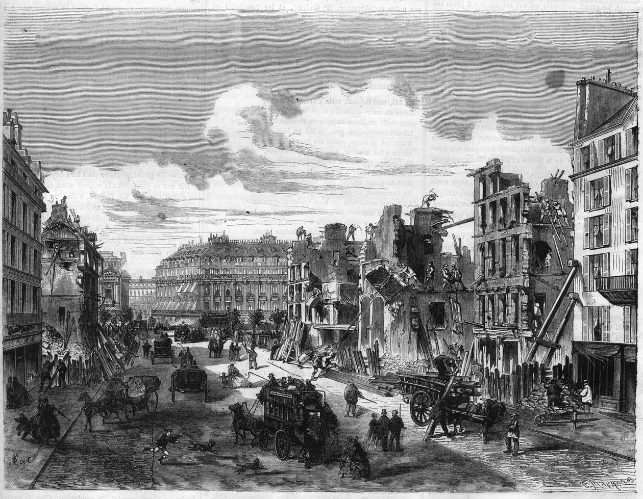Pariisin muunnokset toisen imperiumin alaisina, Paris Haussmann (Boulevard, Haussmann toimii): Rue de la Paix -kadun purkaminen Rue Reaumur -kadun avaamista varten. Kaiverrus "" Maineikas universumi"" tekijältä Unknown artist