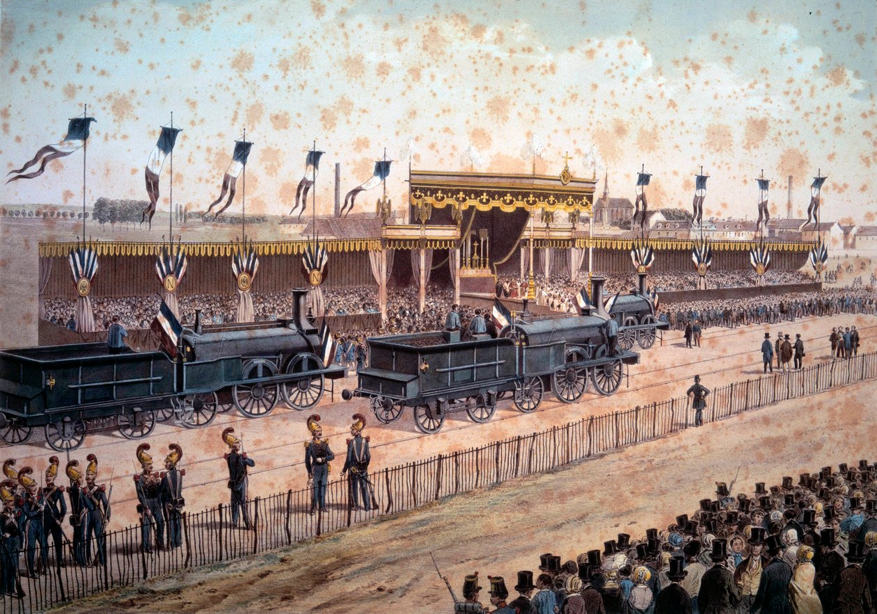 Liikenne: Pariisin ja Strasbourgin välisen rautatien vihkiminen käyttöön. 1864. Kaiverrus Paris, B.N. tekijältä Unknown artist